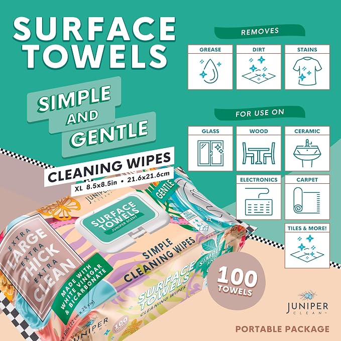 Juniper CLEAN Single Surface Cleaning Wipes Bleach Free, Thick & Large Dispose, All-Purpose Cleaner for Bathroom, Kitchen, Office, 100 Count Soft Flow, Biodegradable, Juniper Scent