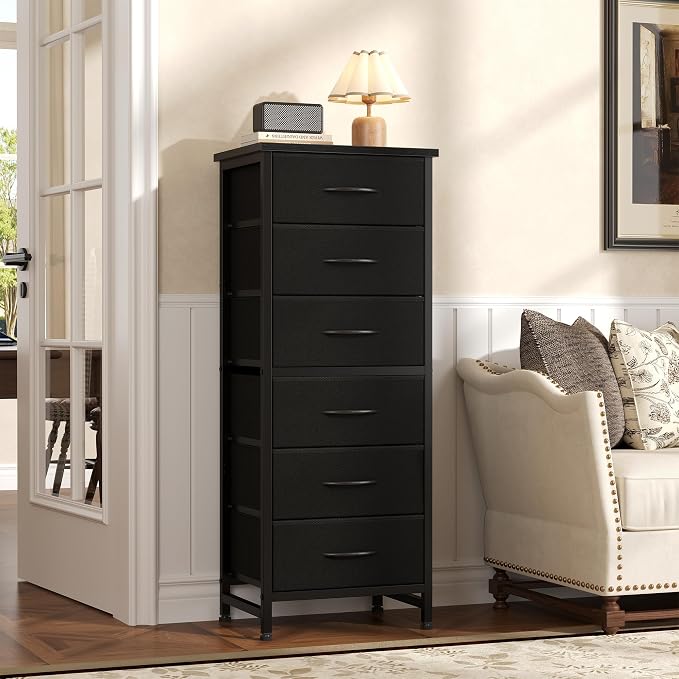 Sweetcrispy Tall Fabric Dresser for Bedroom, 6 Drawer Chest of Drawers | Narrow Storage Tower with Wood Top and Metal Frame, Vertical Nightstand for Closet, Bedroom Organization Furniture, Black