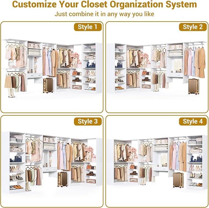Unikito Closet System with Vanity Desk, 156”Modular Corner Closet Organizer System with Hanging Rods & Adjustable Shelves, Freestanding Wood Wardrobe Organizer, Sturdy Walk in Closet Tower, White