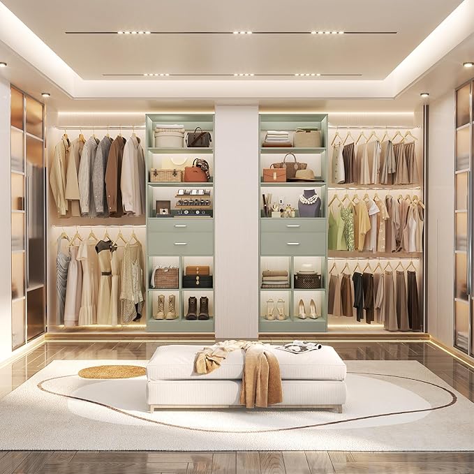 Besiost Closet System, 4-8 FT Closet Organizer Tower with 2 Wooden Drawers and Shelves, Can Fit 60 to 96 inch Walk-in Closet System with 5 Hang Rods, Built-in, Crab Green