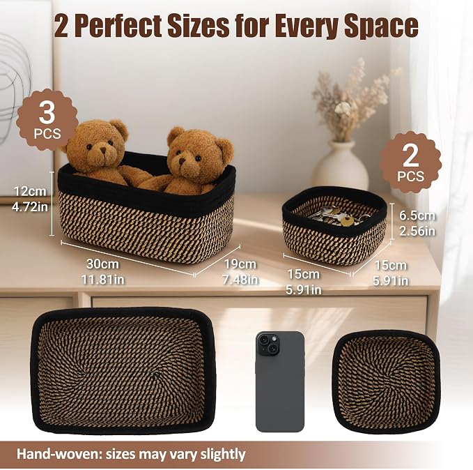 5-Pack Small Woven Rope Storage Baskets – 2 Sizes Organizer Bins for Closet, Shelf, Bookshelf, Nursery, Changing Table, Fabric Cube Boxes, Rectangular Shallow Bins for Bathroom, Toy & Home