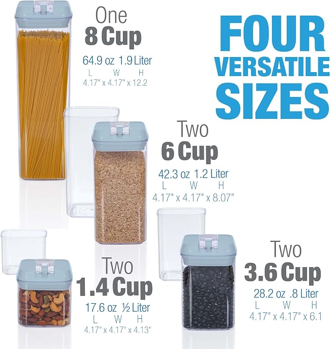 Set of 7 Airtight Food Storage Containers - Pantry Organizer Bins, BPA Free Plastic Containers plus Dry Erase Marker and Labels, Blue