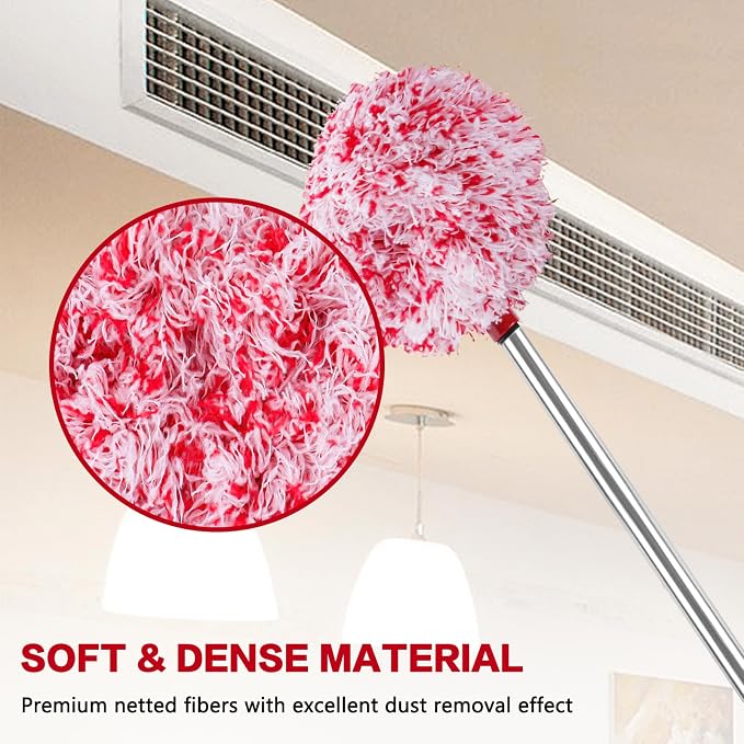 Ceiling Fan Cleaner Duster Reusable Microfiber Ceiling Fan Blade Cleaner Removable Duster with Extension Pole Adjusts 13 to 49.7 Inch for Cleaning Walls Furniture Door Window Top (Red White)