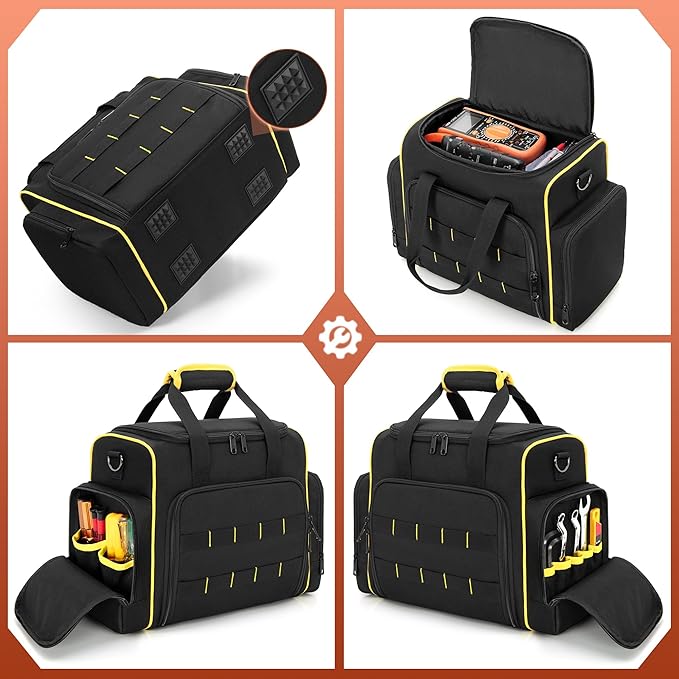 Marscamd Tool Bag with 3 Removable Cases, 2 Layers Tool Tote for Hand Tools, Black with Yellow Binding