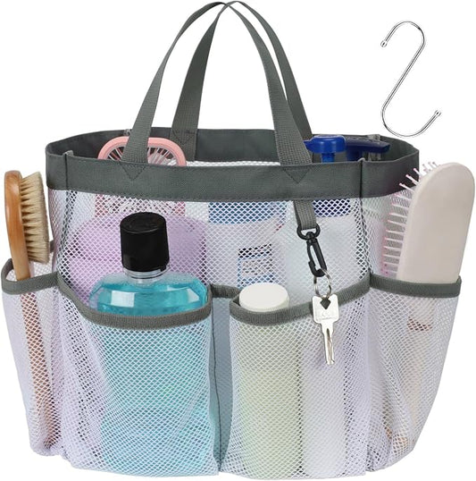 Mesh Shower Caddy Portable - 8 Pockets, S-Hook, Shower Bag for Dorm Camping | 2-Handle, Quick-Dry, Hanging Toiletry Organizer, College Dorm Room Essentials for Girls, Gym, Travel & Bathroom, White