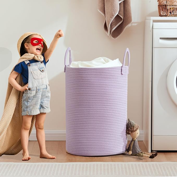 80L Large Purple Hamper Laundry Basket for Girls Kids Lavender | Tall Woven Blanket Basket for Nursery Cotton Rope Lilac Clothes Hamper in Bedroom 16Dx22H inches