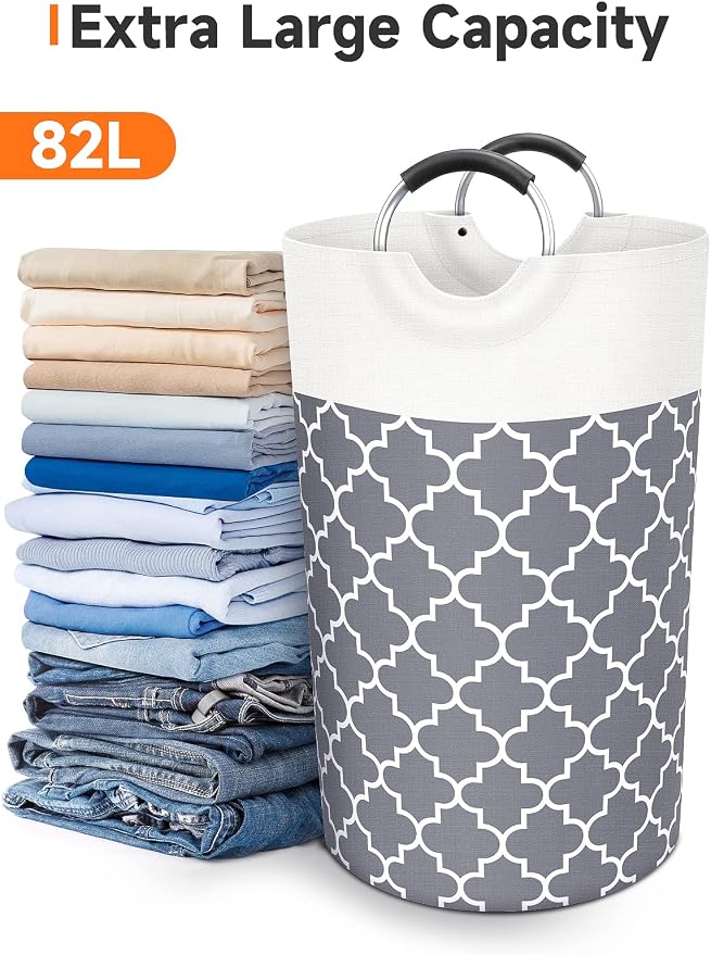 Large Laundry Basket 82L Tall Collapsible Hamper with Handles for Dorm Grey | Freestanding Laundry Hamper, Waterproof Dirty Clothes Storage Bag for College, Bathroom, Foldable Washing Bin for Travel