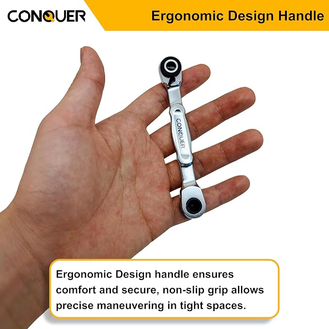 CONQUER 1/4" Mini Ratchet Wrench Low Profile Dual Head | Socket/Bit Driver, 72-Tooth, 5° Swing Arc, Ultra-Low Back Drag, Quick-Release Button; For Tight Engine Bays & EDC Kits