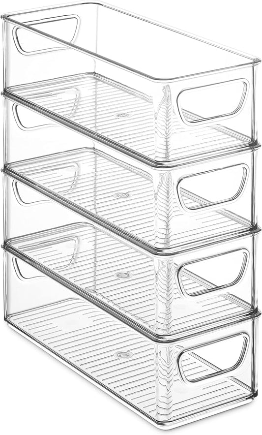 Set Of 8 Refrigerator Organizer Bins - Stackable Fridge Organizers with Cutout Handles for Pantry, Freezer, Kitchen, Countertops, Cabinets - Clear Plastic Food Storage Bins