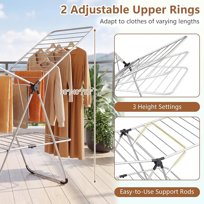 Giantex Foldable Clothes Drying Rack, 2-Tier Aluminum Laundry Drying Rack with Adjustable Wings, Freestanding Airer, Space-Saving, Portable Clothing Dryer Stand for Indoor and Outdoor Use