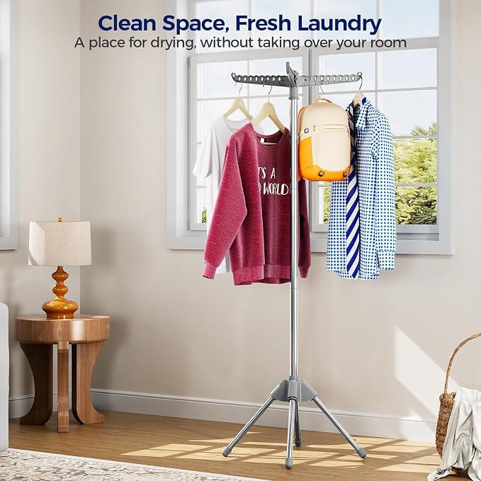 KINGBOARD Clothes Drying Rack, 59" H Laundry Drying Rack, 3 Rotatable Arms | 360° Rotatable Arms, 27 Hanger Holes, Stainless Steel, Tool-Free Setup, Portable for Travel & Small Home, Indoor, 27lbs Hold