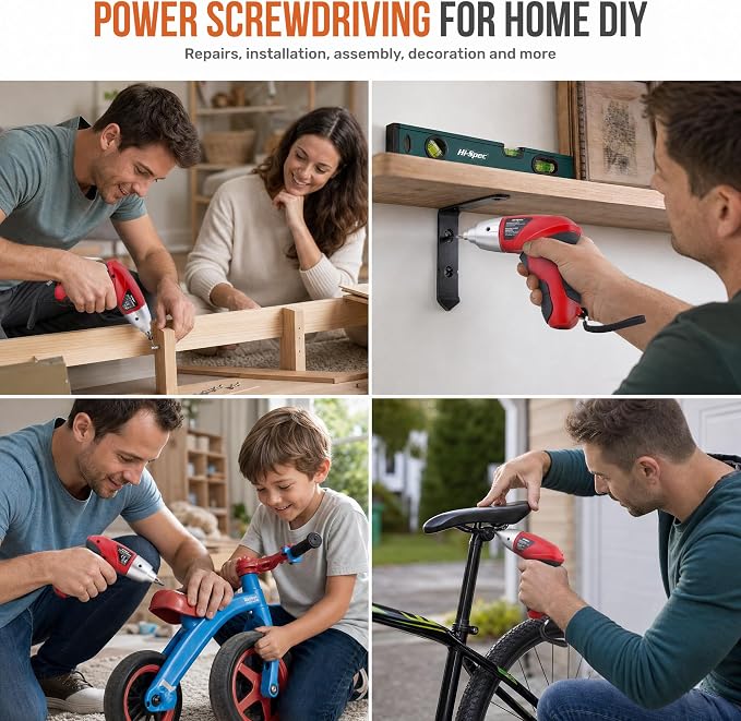 Hi-Spec 4V USB Electric Screwdriver Tool Kit for Home Repairs, Red | 42pc, fast assembly help, common screw bit selection, LED visibility, compact grip, quick household fixes, organized storage