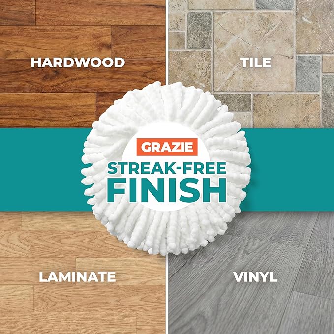 Grazie Spin Mop Head Replacements – Premium Microfiber Mop Refills – Ultra-Absorbent, Washable Heads – Compatible with Most Spin Mop Systems – Ideal for Tile, Hardwood & Laminate Floors – 2-Pack