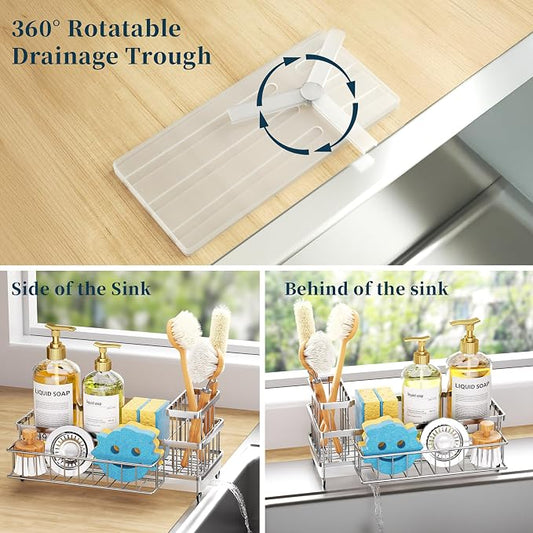 Consumest Sponge Holder for Kitchen Sink - Auto Draining Sink Caddy Organizer with Detachable Rack, High Brush Holder, Kitchen Countertop Storage Accessories, Silver-Large