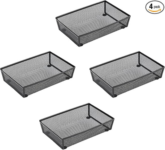 BYCY Silverware Drawer Organizer, Mesh Utensil Organizer for Kitchen Storage, Black Steel Metal Mesh Tray for Flatware Fork Spoon Knife (9x6-4P-Black)