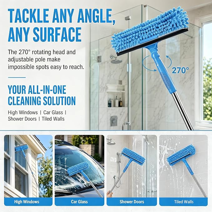 68'' Window Squeegee Cleaner Kit - 2-in-1 Rotatable Window Cleaning Tool with Extension Pole, Professional Streak-Free Squeegee with Bendable Head for Indoor/Outdoor Windows Car Glass (Blue, 38.45FT)