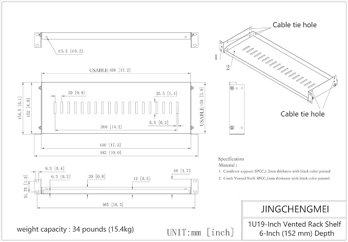 1U Disassembled Vented Cantilever Server Rack Shelf 6" Depth | Steel Universal 19" Rack Mount Tray for Server, AV, IT, Sound Equipment in 19-inch Network Rack and CabinetCabinet(1U6V)