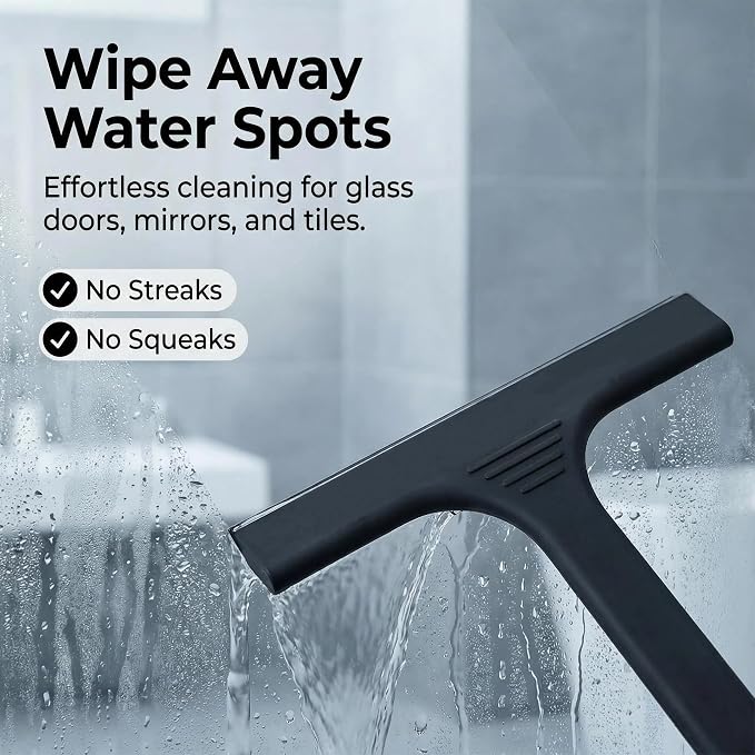 Silicone Shower Squeegee - All-in-One Design with Built-in Hook, 10 Inch Streak-Free Bathroom and car Cleaner for Glass Doors, Mirrors, Windows, Tiles Black