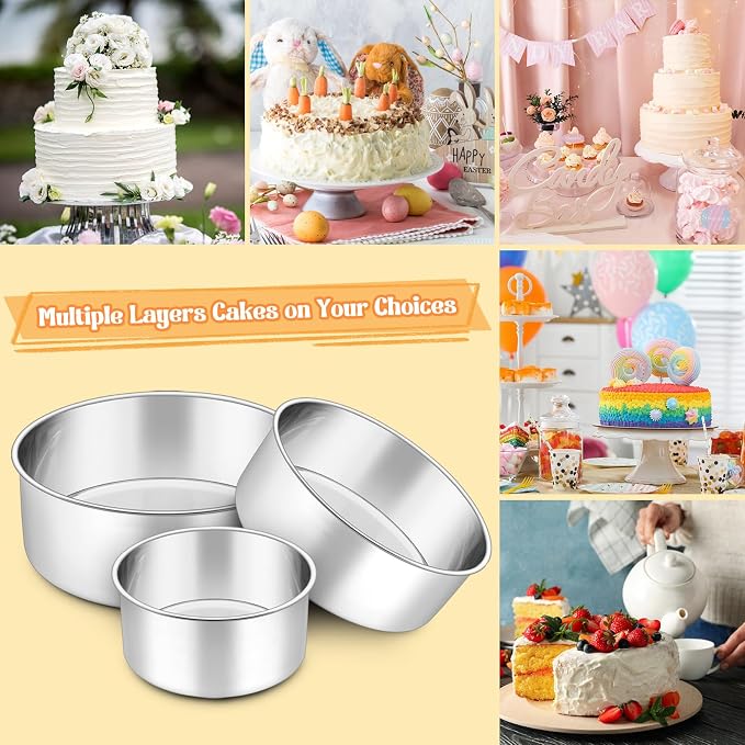 P&P CHEF 6 + 8 + 9.5 Inch Cake Pans Set, Round Baking Pan Stainless Steel Layer Birthday Wedding Cake Oven Pans, Non Toxic & Heavy Duty, Deep Side & Mirror Finish, Dishwasher Safe, (3Pcs)