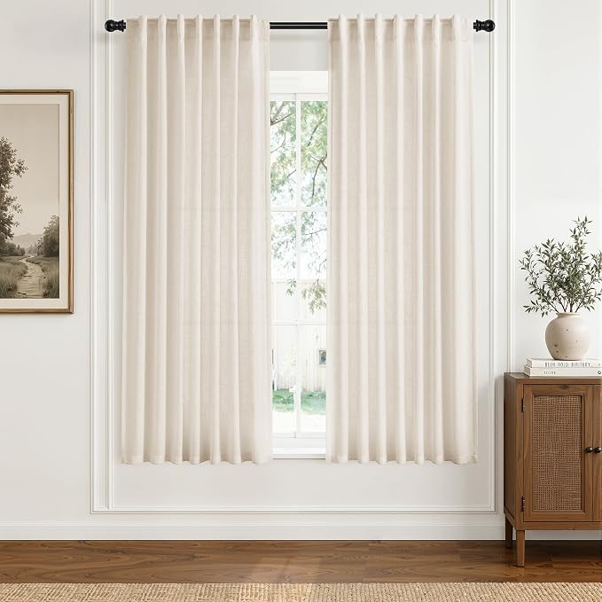 Hokibero Cream Linen Curtains 63 Inches Long for Living Room 2 Panels | Light Filtering Semi Sheer Curtain, Back Tab Rod Pocket Pleated Look, Beige Window Drapes for Bedroom Privacy, Boho Farmhouse