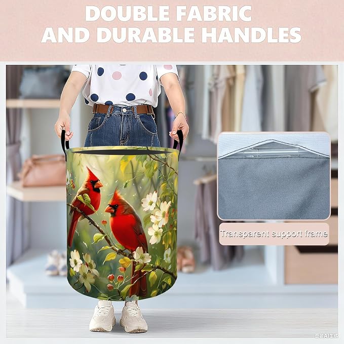Red Cardinal Bird Laundry Basket Hamper 19.7"x15.8", Organizer Bins Gifts for Kids Boys Girls, Wildlife Foldable Waterproof Oxford Clothes Storage Bucket for Bedroom Bathroom Decor