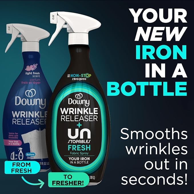 Downy Wrinkle Releaser Spray, Travel Size Spray + 16.9 Fl Oz Pack of 2, All In One Formula, Removes Wrinkles, Static and Odors, Light Fresh Scent