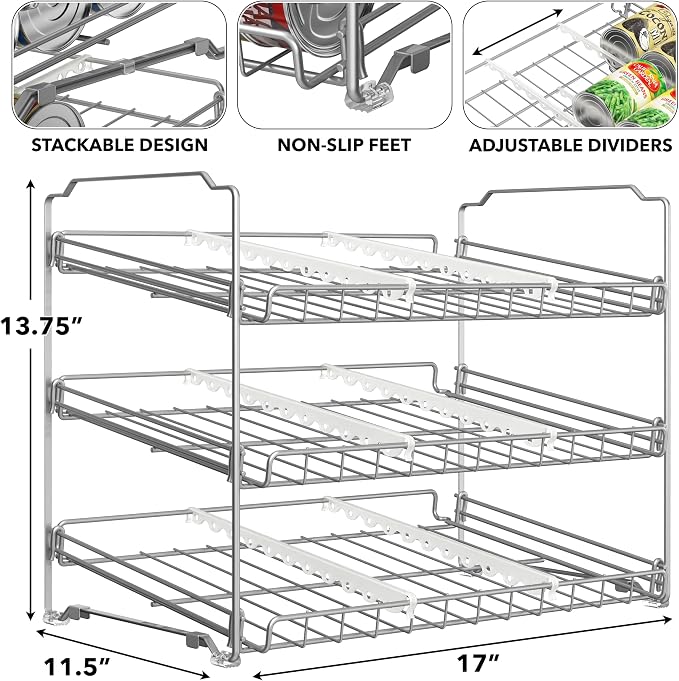 Simple Houseware Stackable Can Rack, Silver, Adjustable Plastic Dividers, Holds 36 Cans