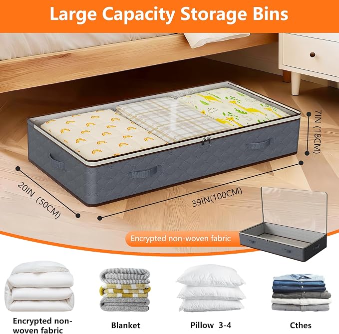 90L Under Bed Storage Containers,4-Pack Closet Organizer Storage Bins ,Grey | for Organization and Storage Clothes, Shoes, Blankets & Pillows,Visible Transparent Top Storage Bins with Lids