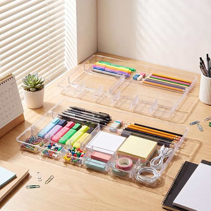 Junkin 2 Pcs Shallow Drawer Organizers 14" x 9" x 1" Desk Drawer Organizer Tray with 9 Storage Compartments for Home Office Classroom School Organizing Pens Paper Clips Sticky Notes (Clear)