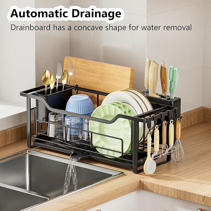 AIDERLY Narrow Dish Drying Rack Dish Drainer, Black | Auto Drain, Iron Construction, Removable Cutlery Basket, For Kitchen Counter
