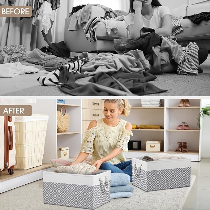StorageTastic Storage Bins, 6-Pack Large Storage Box with Rope Handles, Collapsible Storage Basket for Organizing Books,Clothes,Rhombic Grey