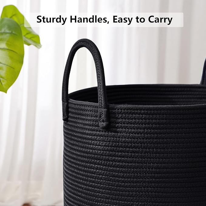 80L Large Black Hamper Woven Tall Laundry Basket for Clothes | Cotton Rope Modern Blanket Storage Basket in Living Room Bedroom 16Dx22H inches