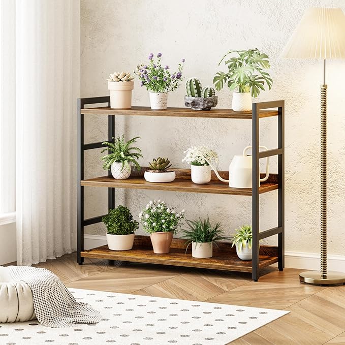 NUMENN Wide Bookshelf, 3 Tier Freestanding Shelving Unit, Vintage | Metal Frame & Wood Shelves, Falling Prevention Baffle, Open Storage Bookcase for Bedroom, Living Room & Home Office