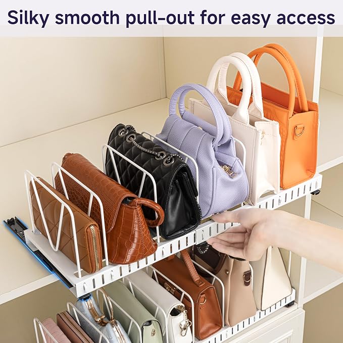 Aminigram Adjustable Purse Organizer for Closet, Metal Handbag Organizers for Closets, Pull Out Closet Shelf Dividers for Bedroom, Living Room, Home, Keep Carteras Upright