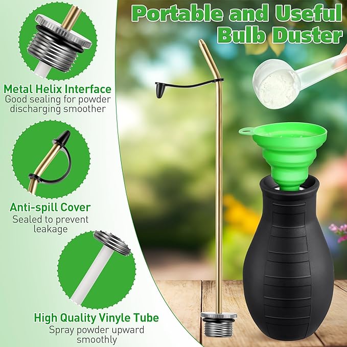Diatomaceous Earth Powder Duster, 8OZ Garden Powder Applicator Dispenser with Long Metal Tube, Bulb Duster Sprayer for Home Organic Gardening Agricultural Supply (Black,1 Pack) | 8OZ bulb duster. Rust-resistant brass/aluminum tube. Smooth upward discha...