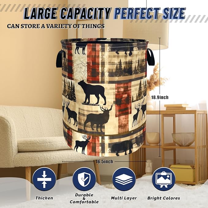 Vintage Forest Bear Laundry Basket Foldable Funny Animal Deers Laundry Hamper With Handle Oxford Cloth Portable Clothes Storage Basket Laundry Bag 18.9"x16.5" For Laundry Room/Bedroom/Bathrooms