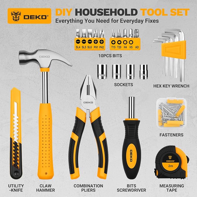 DEKOPRO 94 Piece Tool Set Household DIY Tool Kit for Men with Storage Toolbox, Small Basic Hand Tool Box Set for Home Repair, DIY, Apartment, Office, Orange