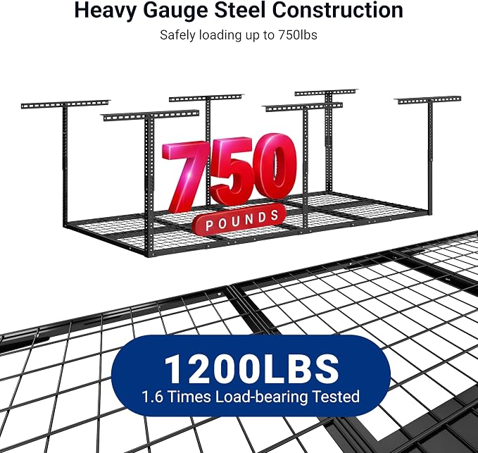 FLEXIMOUNTS 3x8 Overhead Garage Ceiling Storage Rack, Adjustable Garage Organization System, Heavy Duty Metal, 750lbs Weight Capacity, Black, Classic Series