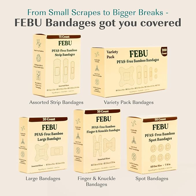 FEBU PFAS Free Bamboo Fingertip Bandages, 30 Count Knuckle & Finger | Eco-Friendly, Flexible Fabric Wound Dressing, Fully Compostable, Latex Free
