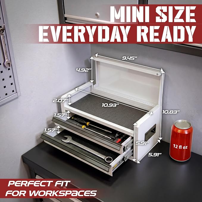 Mini Toolbox with 2 Drawers and Top Storage, Durable Steel Construction with Ball-Bearing Slides, Multi-Purpose Portable Tool Boxes Case Organizer for Garage, White
