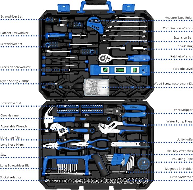 DEKOPRO Tool Set: 228 Piece Home Tool Kit, Household Basic Repair Tool Set Comes with Storage ToolBox, Socket Wrench Set for Car, Hand Tool Box Set for Home - Blue