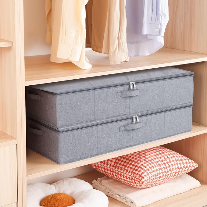 Under Bed Storage Container,Grey,31.5x15.7x5.9 Inch,2 Pack | Underbed Storage Organizers, Foldable Clothes Container,Clothes Bins with Lid and Handles for Blanket,Pillows,Shoes