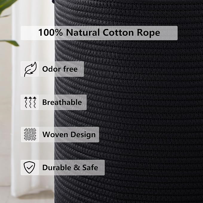 80L Large Black Hamper Woven Tall Laundry Basket for Clothes | Cotton Rope Modern Blanket Storage Basket in Living Room Bedroom 16Dx22H inches
