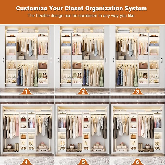 Unikito 58" W - 90" W Closet System, Large Walk in Closet Organizer with 3 Hanging Rods and Shelves, Heavy Duty Wood Closets Wardrobe with 2 Drawer & Shoe Rack, Sturdy Reversible Clothing Racks, White