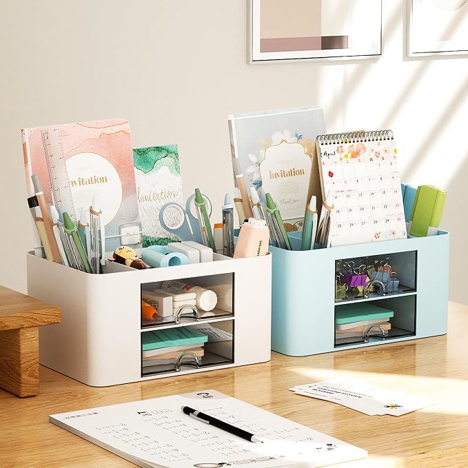 Marbrasse Pen Organizer with 2 Drawer, Multi-Functional Pencil Holder for Desk, Desk Organizers and Accessories with 5 Compartments + Drawer for Office Art Supplies (Blue)