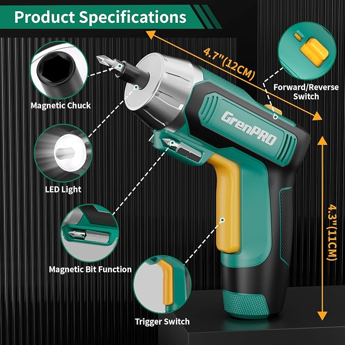 GRENPRO 4V Electric Screwdriver Rechargeable 10pcs, Cordless Screwdriver | USB Small Power Screwdriver Set with Bits, Green, Ideal for Home Repairs