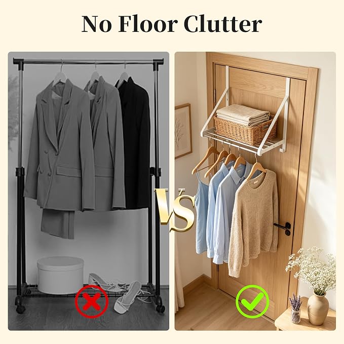 Over Door Clothes Drying Rack 13"-23" Length No Drill for Apartment Rental | 60lb Heavy Duty Load, 4 Stainless Steel Rods and 2 Accessory Hooks Indoor Air Dryer Rack Space Saving for Bathroom, Dorm, RV