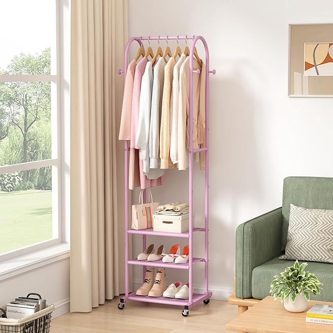 Kaitiemoo Heavy Duty Clothing Rack With Wheels,Modern Garment Rack With 3 Metal Shelves, 71.8Inches Display Rack For Hanging Clothes, Hanging Rod For Small Space,Pink