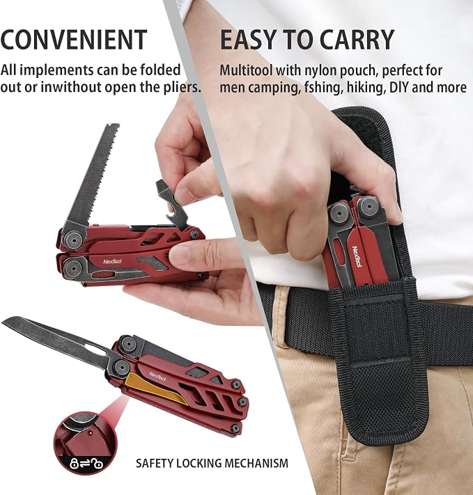 NexTool Flagship Pro Multitool Pliers with Full-size Scissors (Red) | 16-in-1 Multi-tool, Safety Locking, Replaceable YG8 wire cutters, Tool for Camping, Survival, Fishing, Repair, Gifts for Men