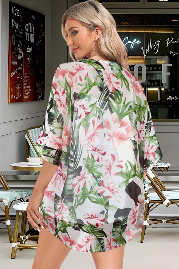 Women Kimono Cardigans Summer Cover Up Hawaiian Shirts Floral Print Tops | ROSEMIA chiffon kimono open front cardigans, beach cover ups, daily casual tops, cruise outfits, summer resort wear